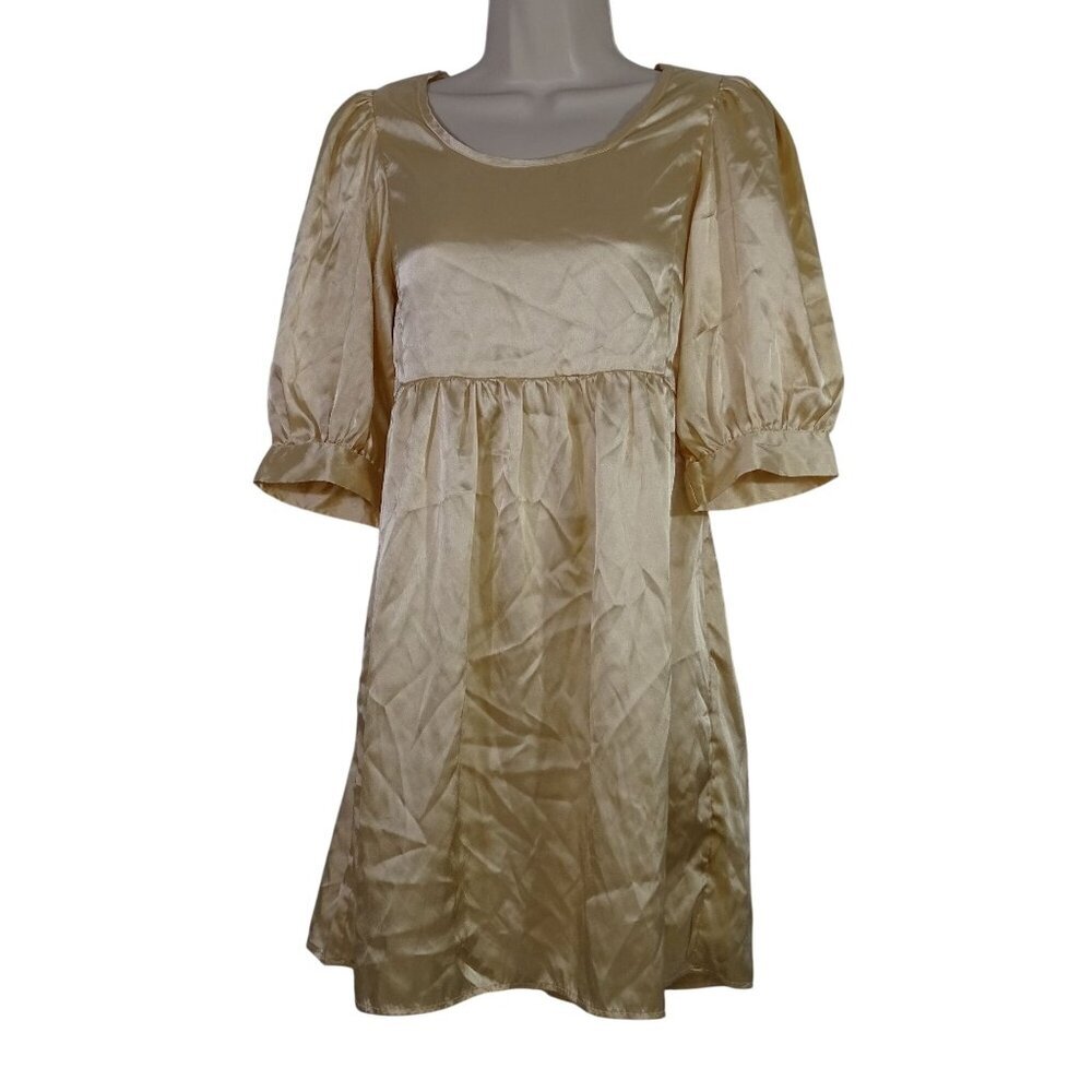 Tramp Tan Puff Sleeve Dress Women Size M Above Knee Ties at Waist